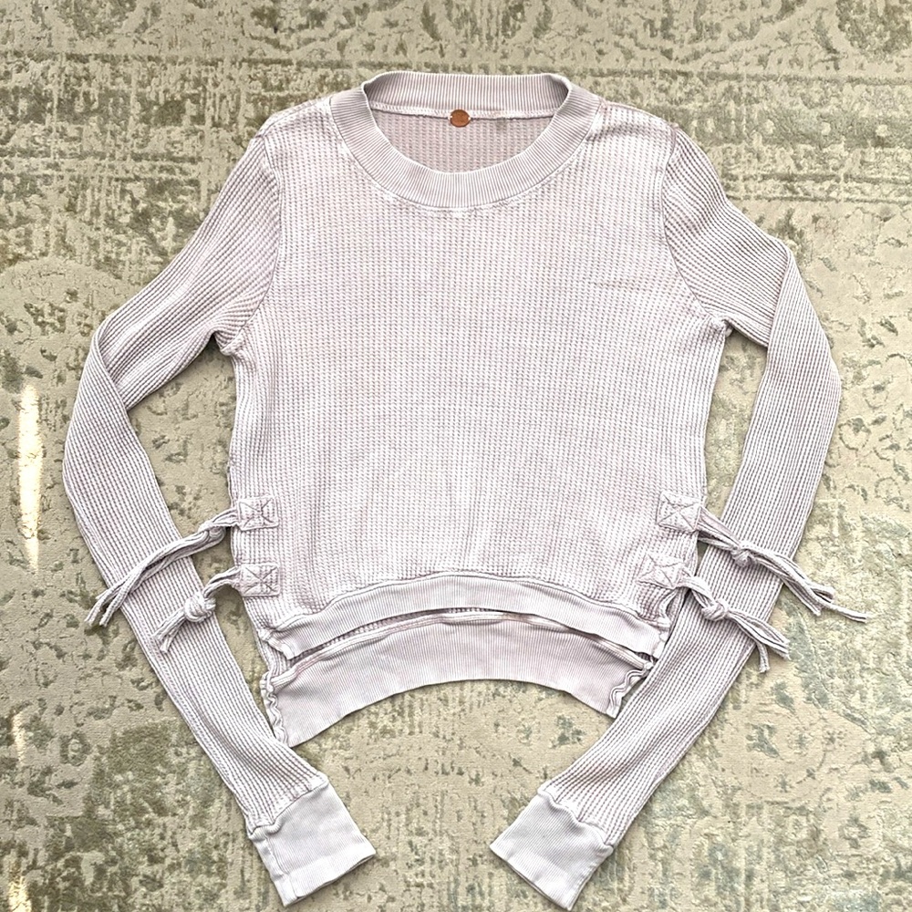 Free People Light Lilac/ Grey Side slit waffle Long Sleeve Shirt sz XS